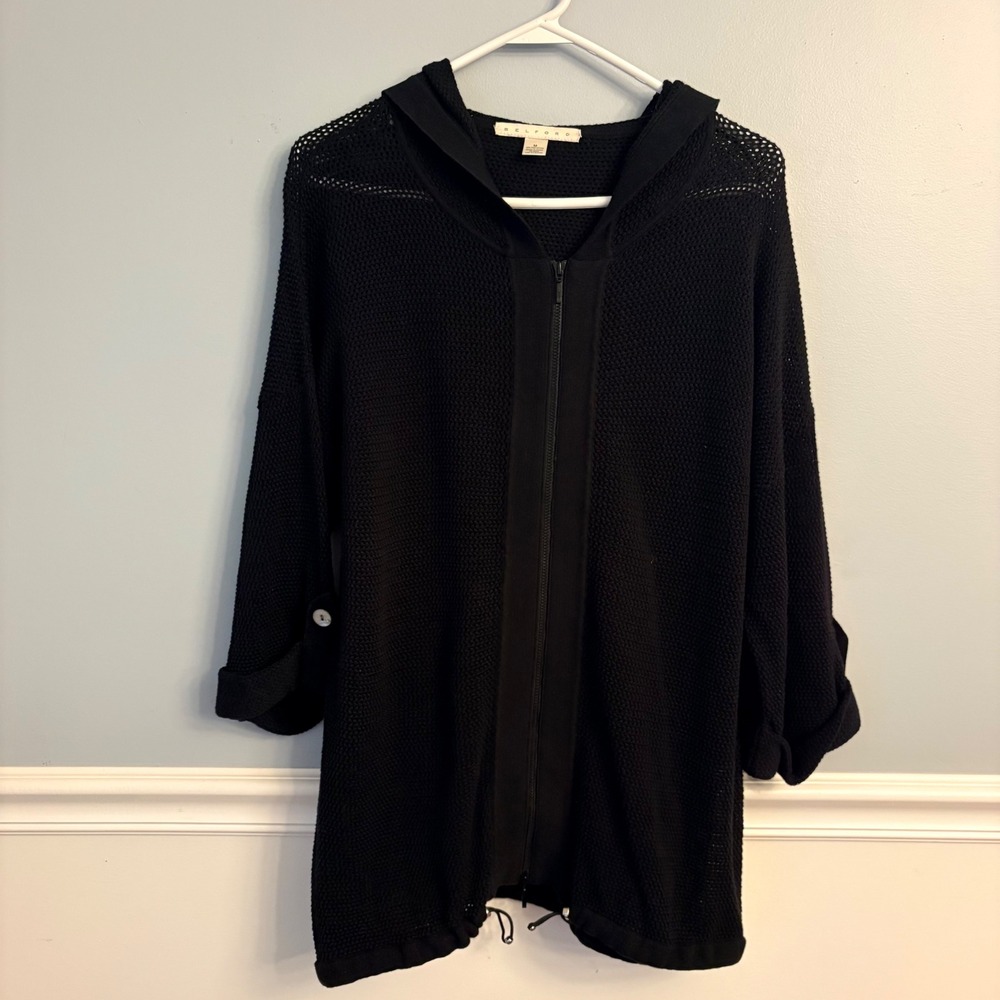 Belford Black Open Knit Mesh Full Zip Hoodie Beach Cover Up 100% Cotton Womens M